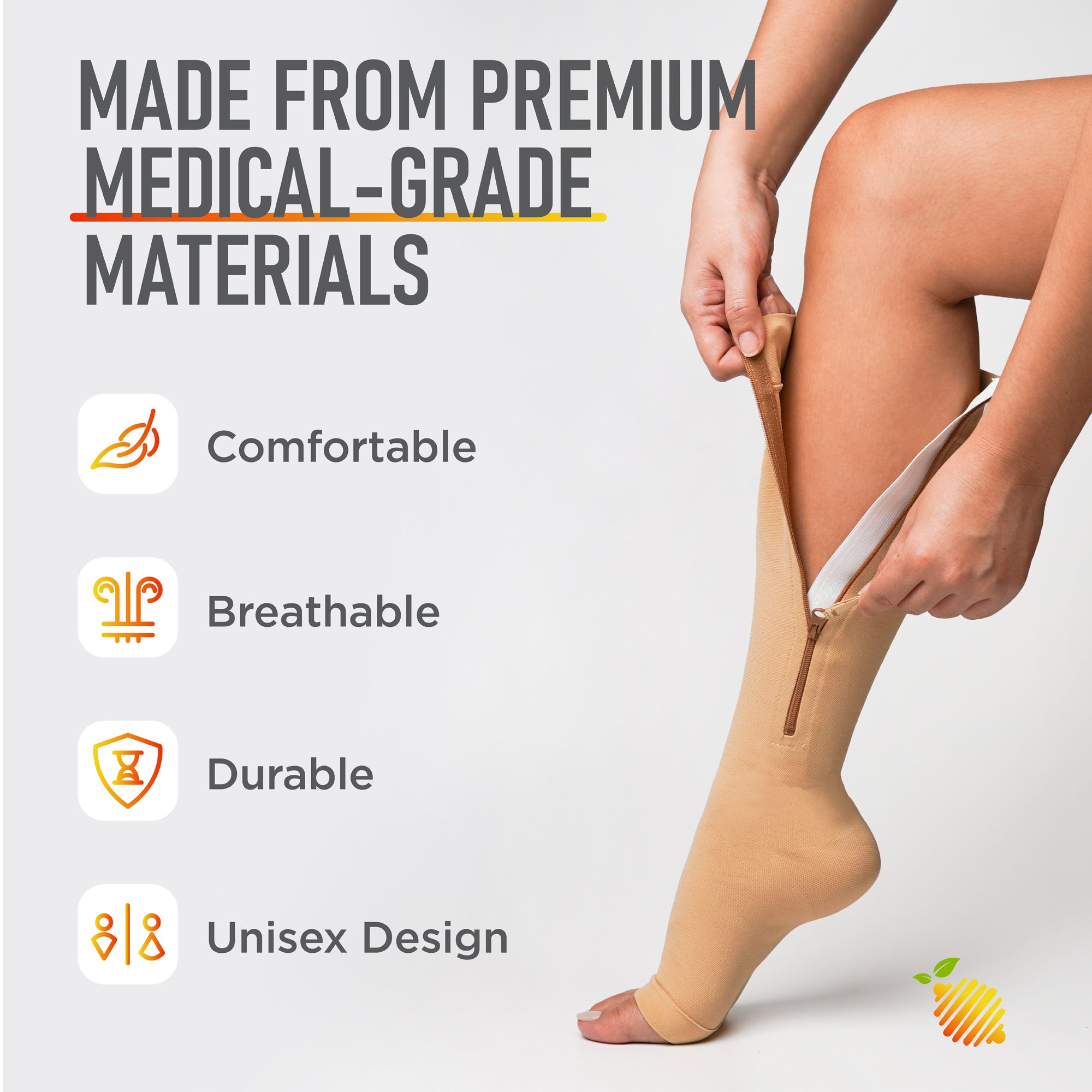 Vigor Premium Quality Zipper Compression Socks Calf Knee High Open Toe  Support in Natural